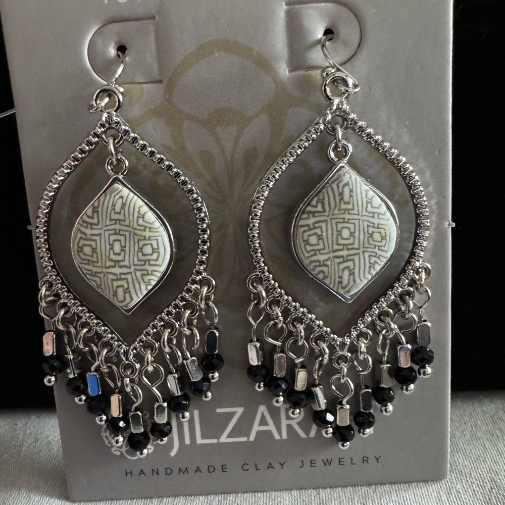 Jil Zahar Silver and Black Reversible Necklace and Pierced Earrings Jewelry Set